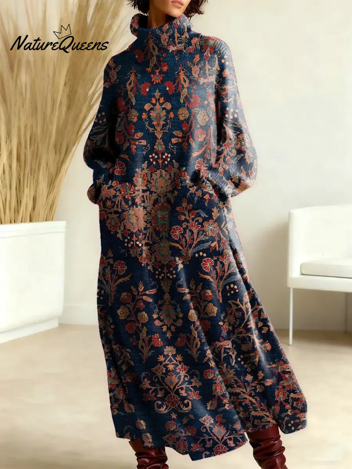 Women's Floral Pattern Art Print Casual Cotton Knitted Dress