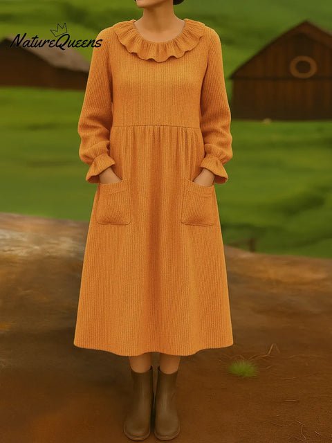 Women's Solid Color Round Neck Ruffled Long Sleeve Casual Loose Pocket Knit Dress
