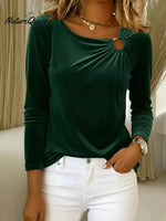 Women's Velvet Top With Decorative Metal Buckles.