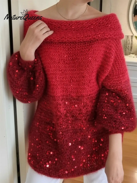 Dreamy Gradient Off-shoulder Loose Sequined Sweater Top