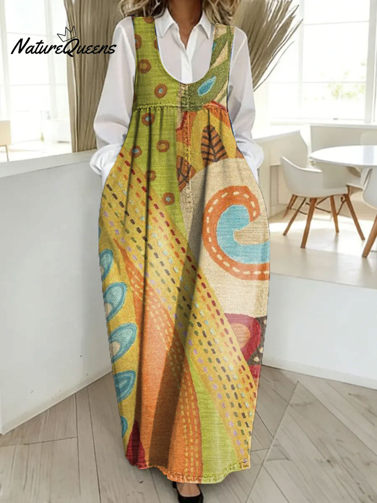 Women's Retro Splicing Colorful Flowers Pattern Art Print Casual Cotton Denim Dress