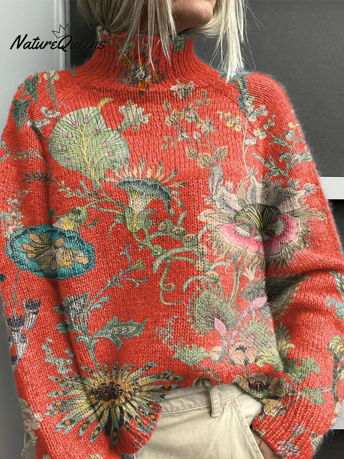 Women's Floral Pattern Art Print Casual Turtleneck Sweater