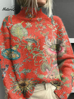 Women's Floral Pattern Art Print Casual Turtleneck Sweater