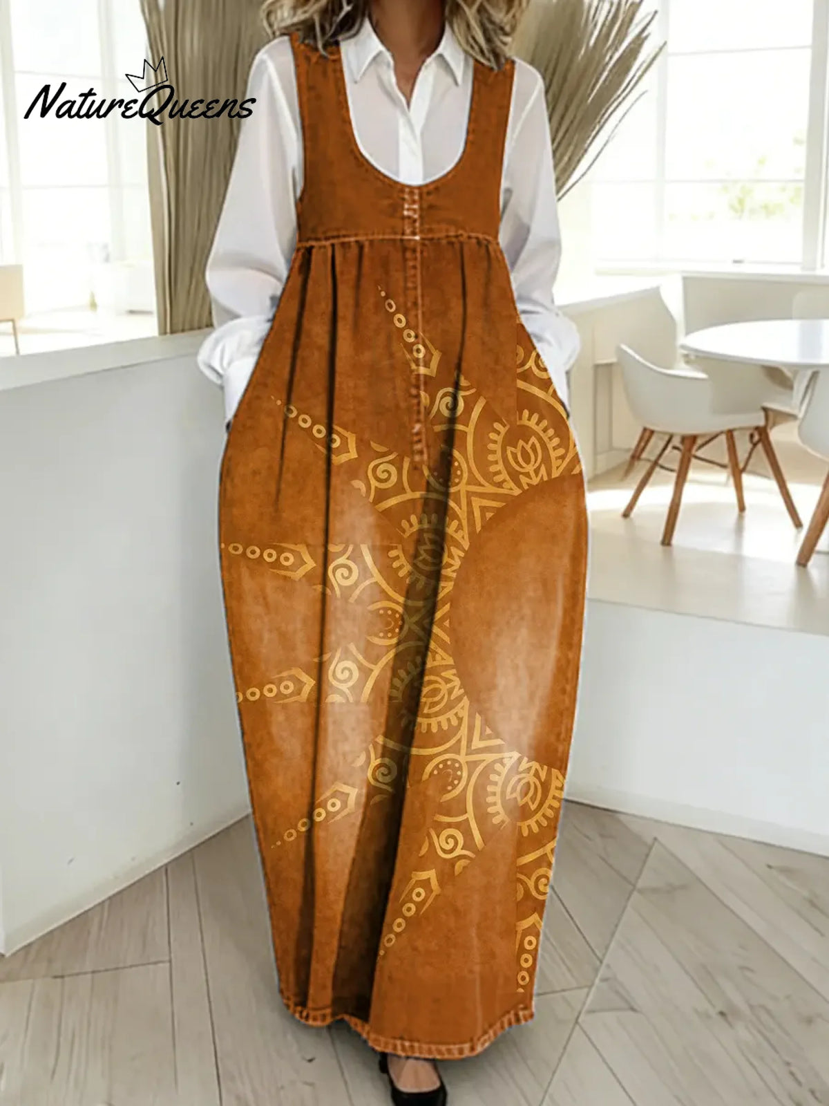 Women's Abstract Sun Pattern Art Print Casual Cotton Denim Dress