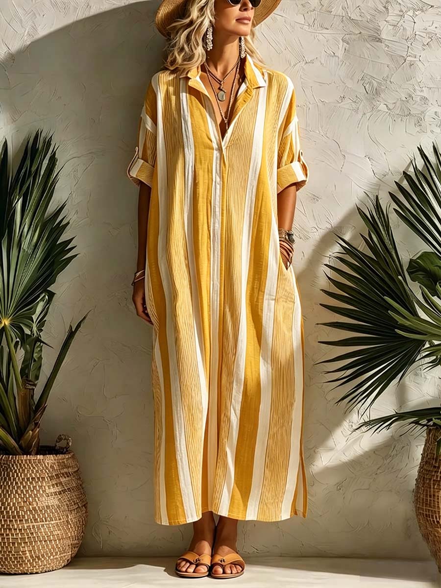 Women's Striped Print Lapel 3/4-sleeve Casual Loose Cotton-linen Dress