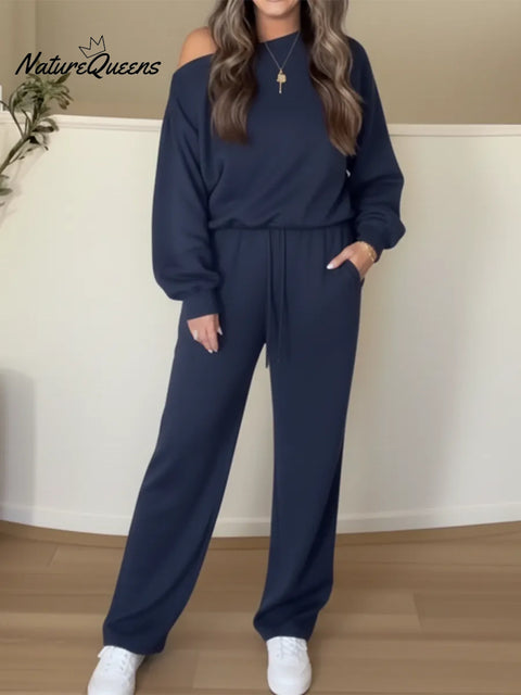 Cozy Travel Off-shoulder Sweatshirt And Pants Two-piece Set