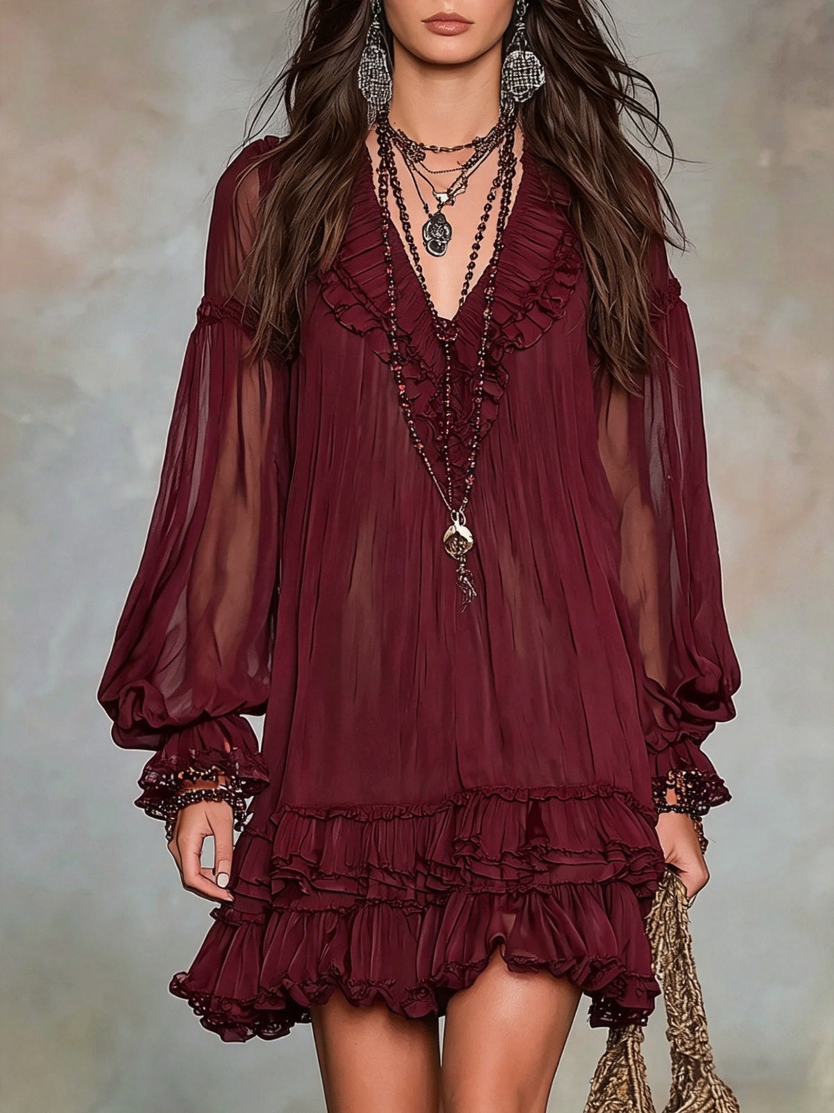 Bohemian-style V-neck Ruffled Lantern-sleeve Dress