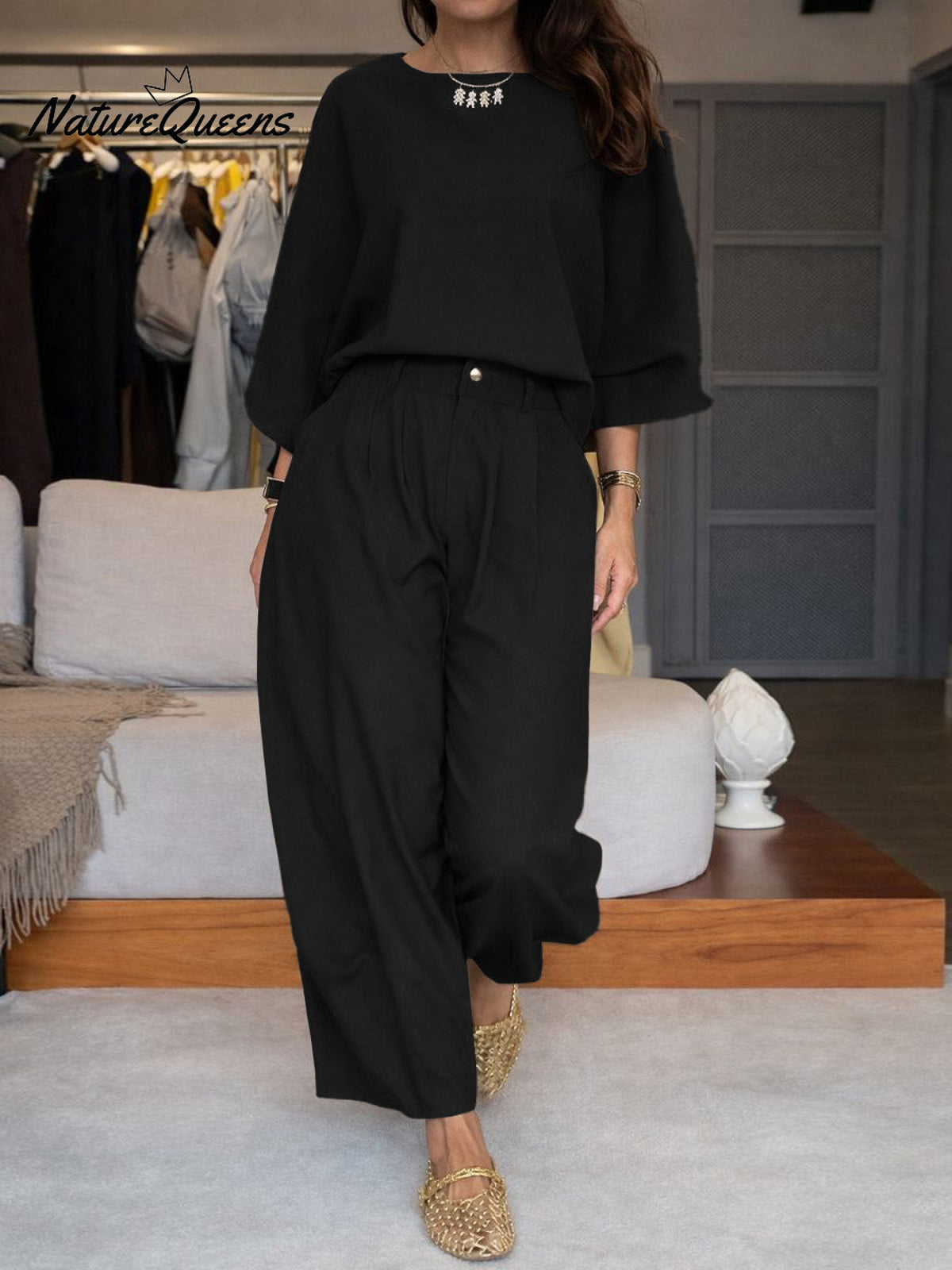 Women's Solid Color Round Neck Three-quarter Sleeve Casual Loose Top And High-waisted Casual Loose Wide-leg Pants Cotton Set.