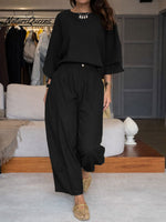 Women's Solid Color Round Neck Three-quarter Sleeve Casual Loose Top And High-waisted Casual Loose Wide-leg Pants Cotton Set.