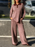 Women's Color-blocked Collared Long-sleeved Casual Loose Knit Top And High-waisted Color-blocked Wide-leg Trousers Set
