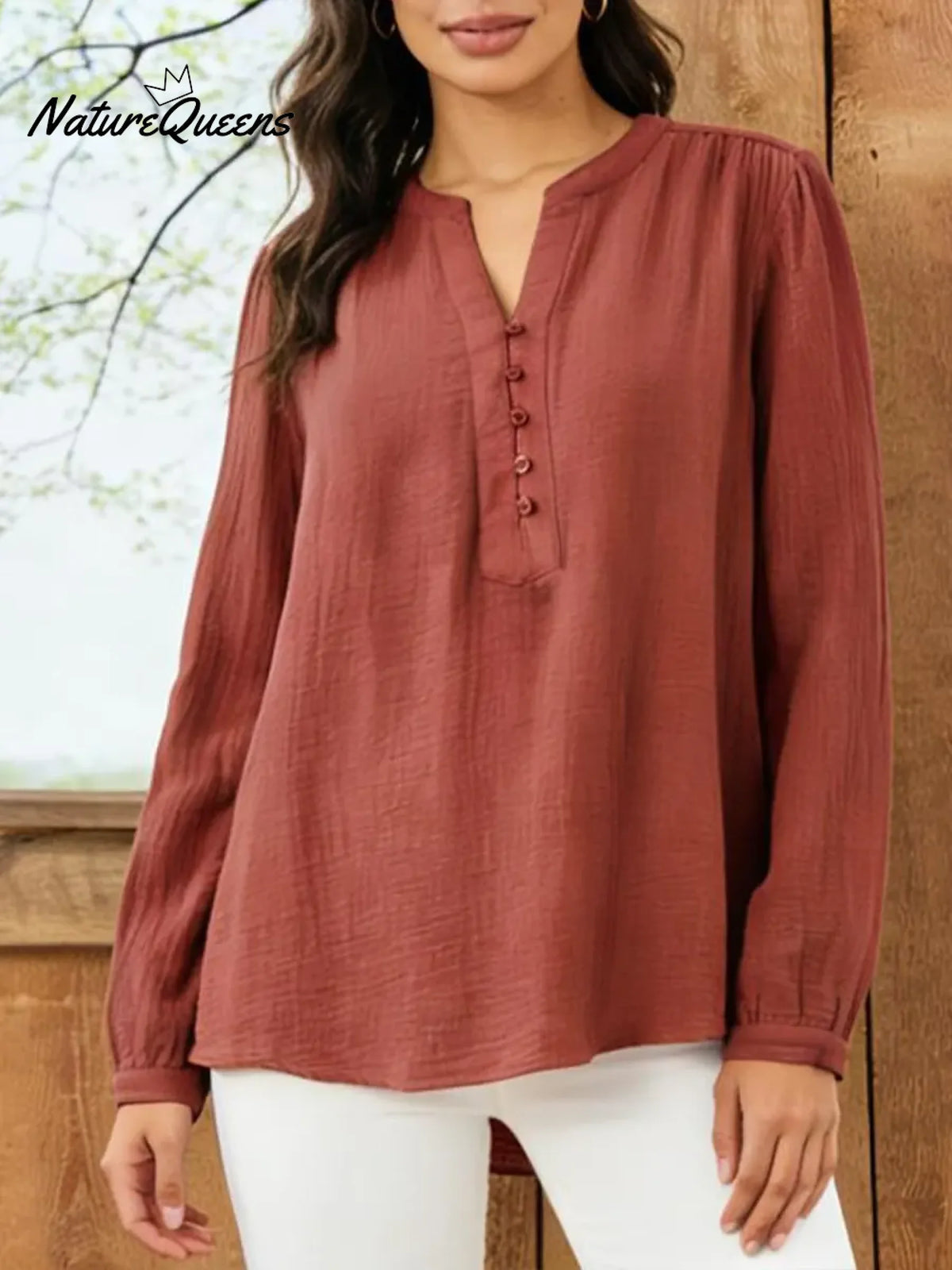Women's Solid Color V-neck Long-sleeved Casual Loose Cotton And Linen Top