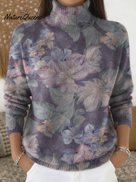Elegant Purple Floral Decorative Pattern Casual Stand Collar Long Sleeve Sweater