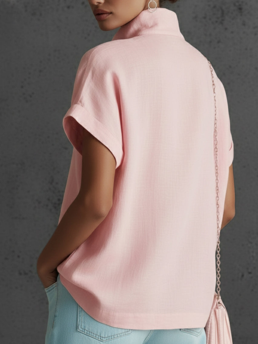 Elegant Cozy Stand-collar Button-down Linen Blouse