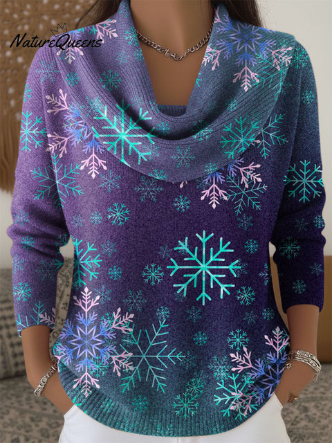 Women's Christmas Snowflake Pattern Art Print Cowl Neck Sweater