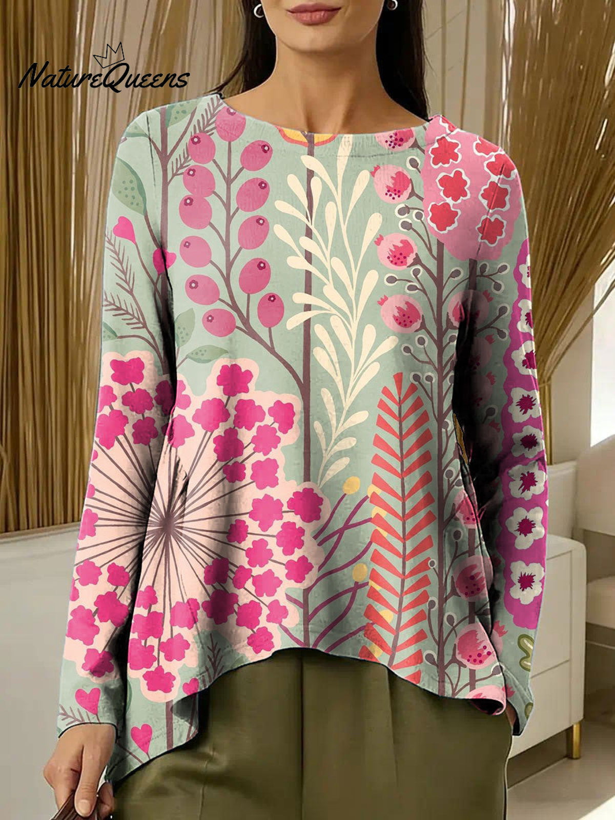 Women's Flowers Colorful Round Neck Casual Print Long-sleeved Ruched T-shirt
