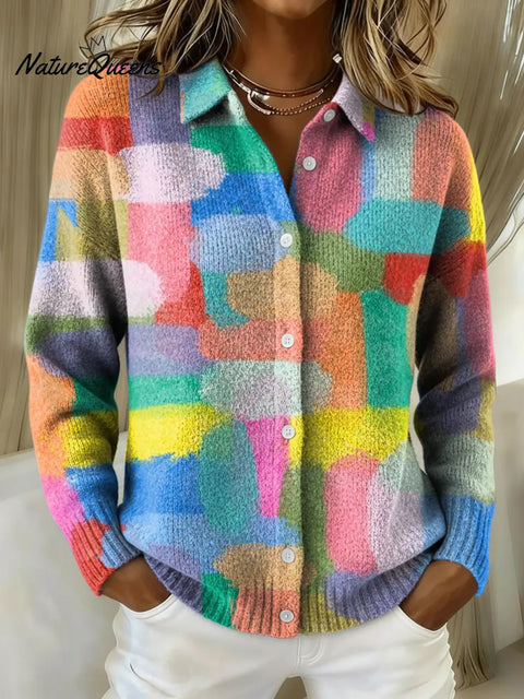Women's Abstract Colorful Printed Collared Sweater