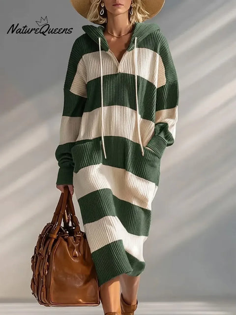 Women's Plaid Print Long-sleeved Casual Loose Hooded Knit Dress