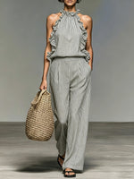 Women's Simple Ruffled Halter Top And Wide-leg Pants Striped Set