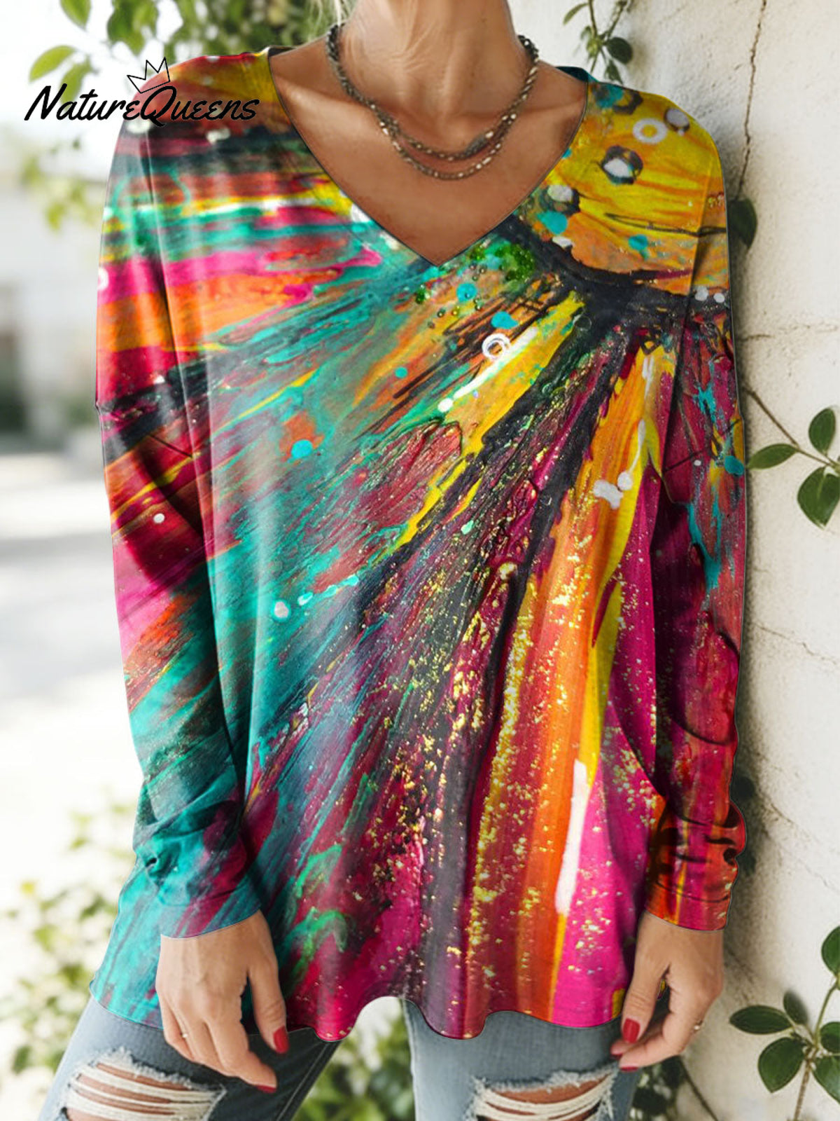 Women's Lovely Floral Flowers Pattern Art Print V-neck Casual Cotton T-shirt