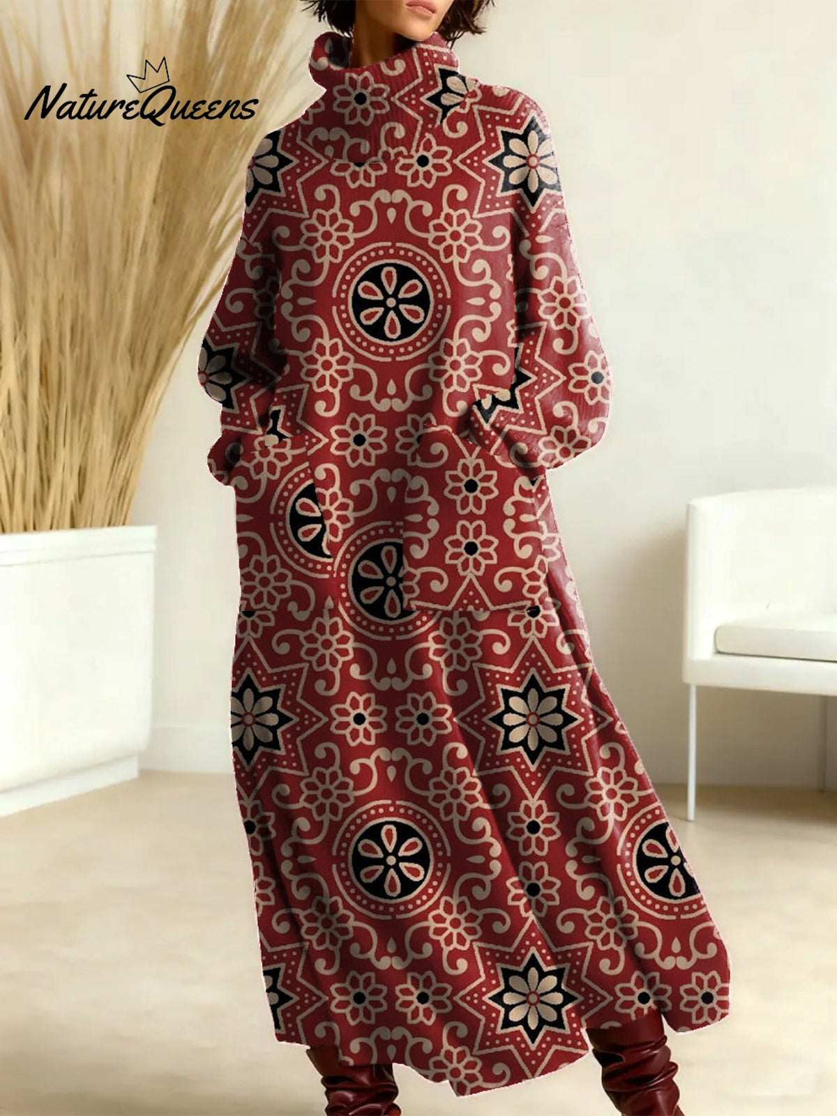 Women's Vintage Symmetrical Flowers Pattern Art Print Casual Cotton Knitted Dress