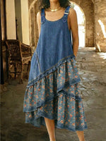 Casual Floral Patchwork Denim Dress With Adjustable Shoulder Straps