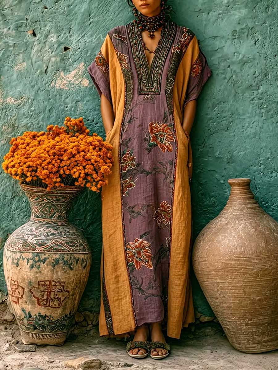 Women's Vintage-print Patchwork V-neck Short-sleeve Casual Loose Cotton-linen Dress