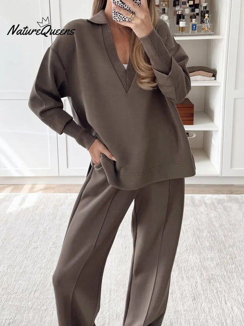 Women's Comfortable Casual Cotton Sweatshirt and Pants Two-Piece Set