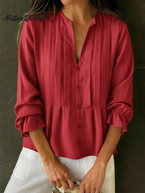 Women's Solid Color Cotton And Linen Pleated Top
