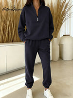 Women's Solid Color Cardigan Collar Long Sleeve Casual Loose-fitting Sweatshirt With Elastic Waist And Jogger Pants Set