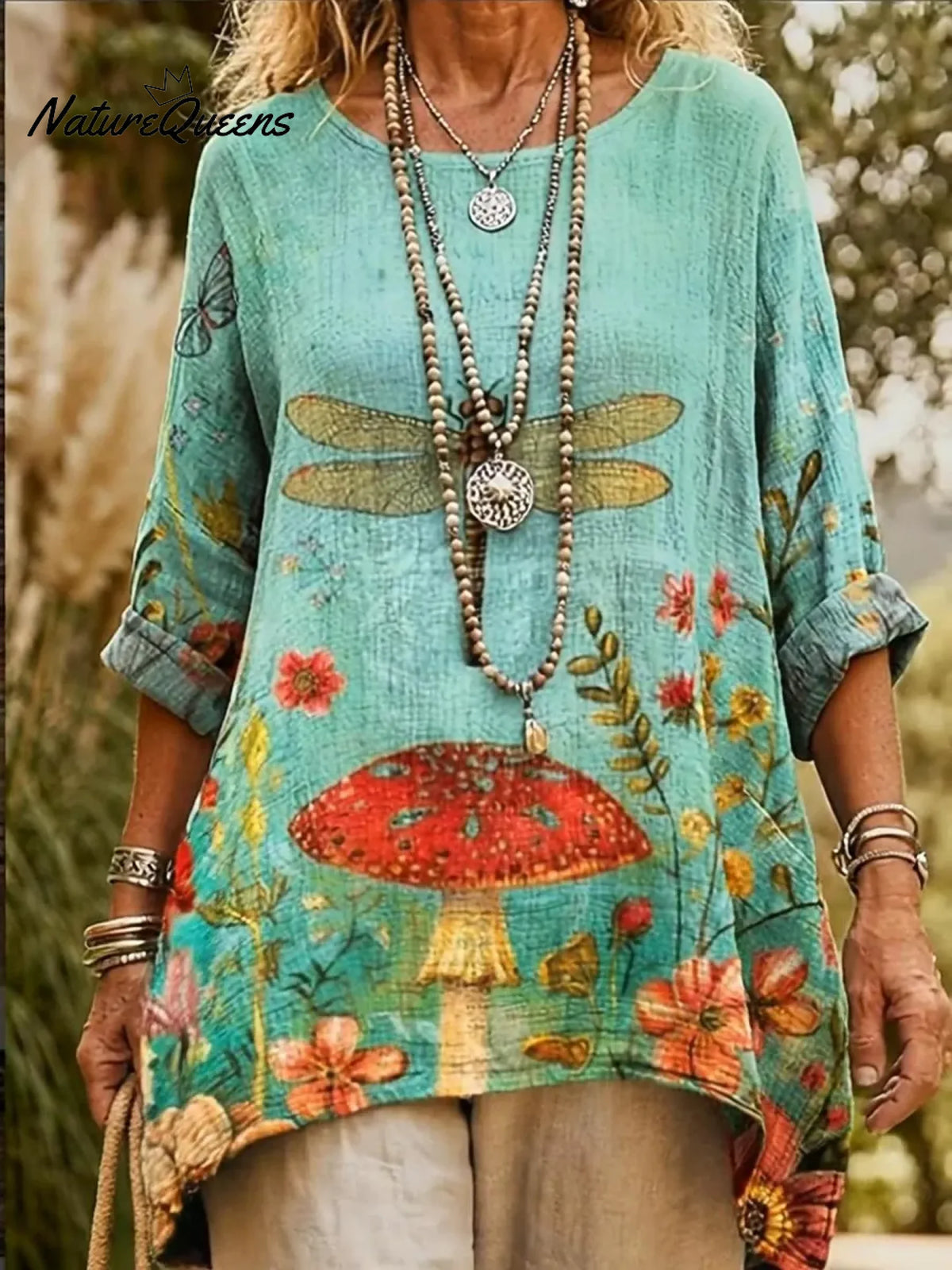 Mushroom Dream V-neck Pocket Linen Shirt Top