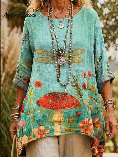 Mushroom Dream V-neck Pocket Linen Shirt Top