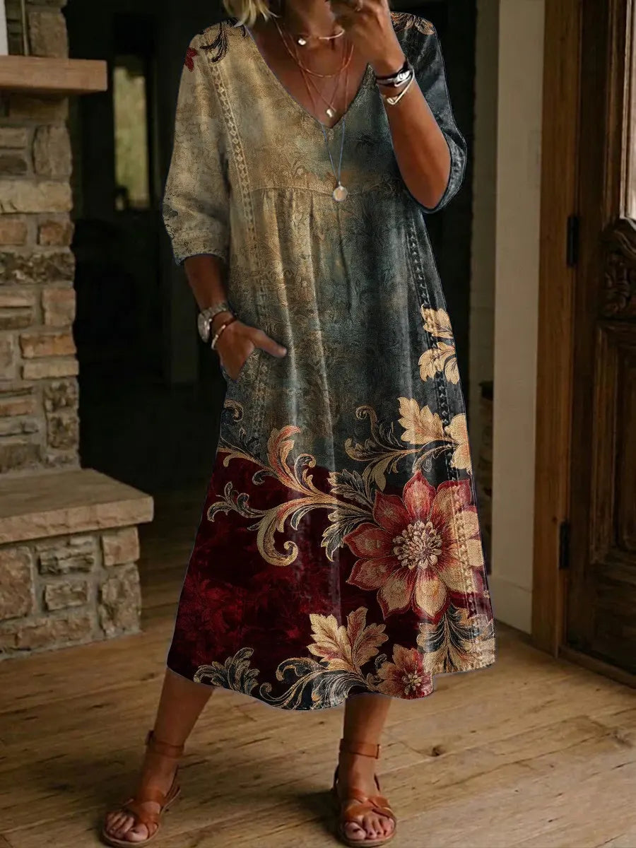 Women's Retro Flower Pattern Print Cotton-linen Dress