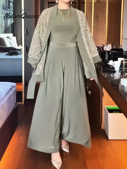 Women's Sequined Cardigan, Top And Pants Three-piece Set