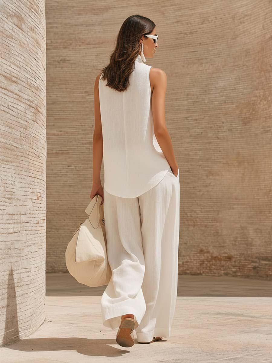 Retro Cozy Lace Top And Wide-leg Pants Linen Set