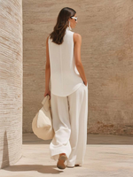 Retro Cozy Lace Top And Wide-leg Pants Linen Set