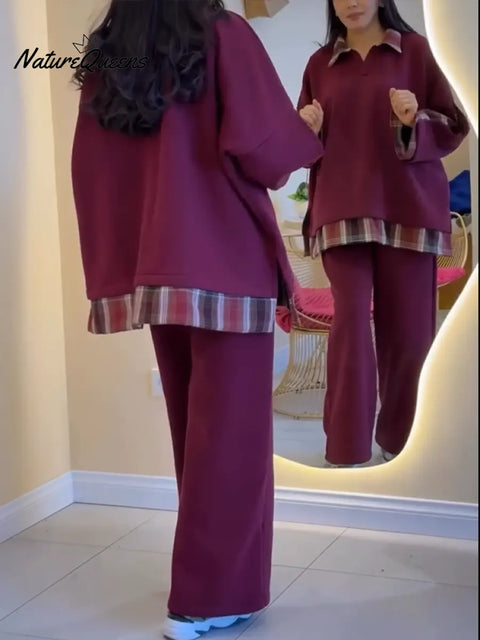 Women's Plaid Patchwork Cotton Sweatshirt And Pants Two-piece Set