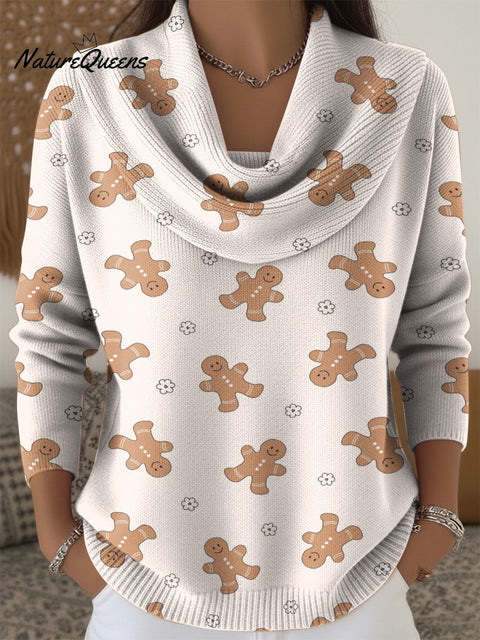 Festive Gingerbread Man Decorations Women's Casual Swing Collar Long Sleeve Sweater