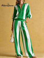 Women's Striped Print Cardigan Collar Three-quarter Sleeve Knitted Top And High-waisted Casual Loose Wide-leg Pants Knitted Set.