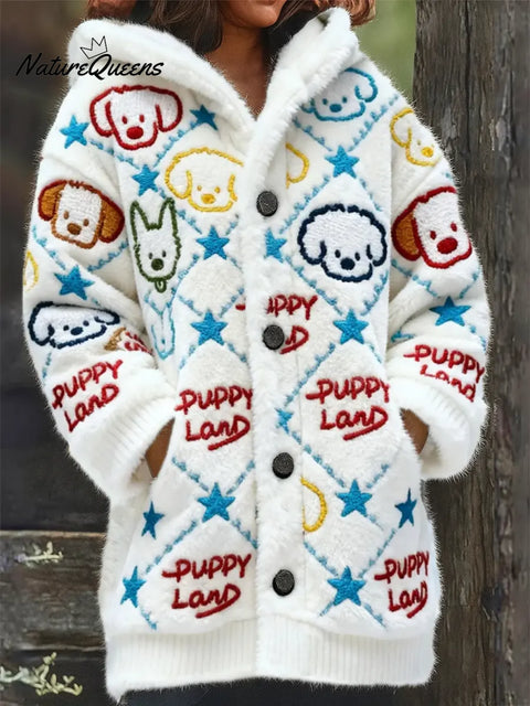 Women's Funny Puppy Pattern Art Print Casual Fleece Coat