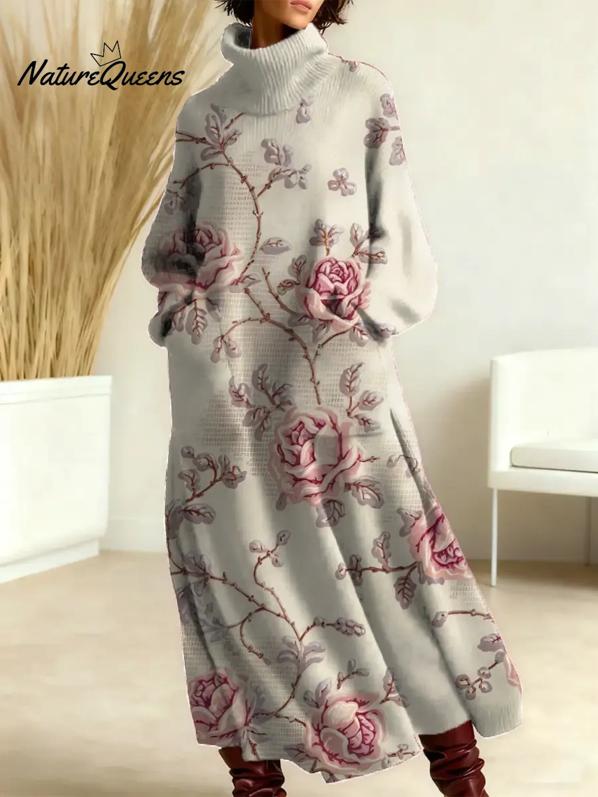 Women's Floral Pattern Art Print Casual Cotton Knitted Dress