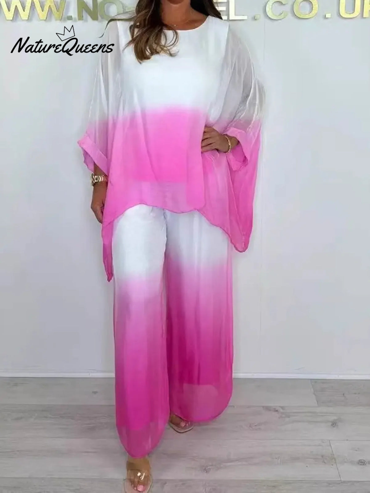 Women's Gradient Color Round Neck Long Sleeve Casual Loose Top And High Waist Casual Loose Wide Leg Pants Set