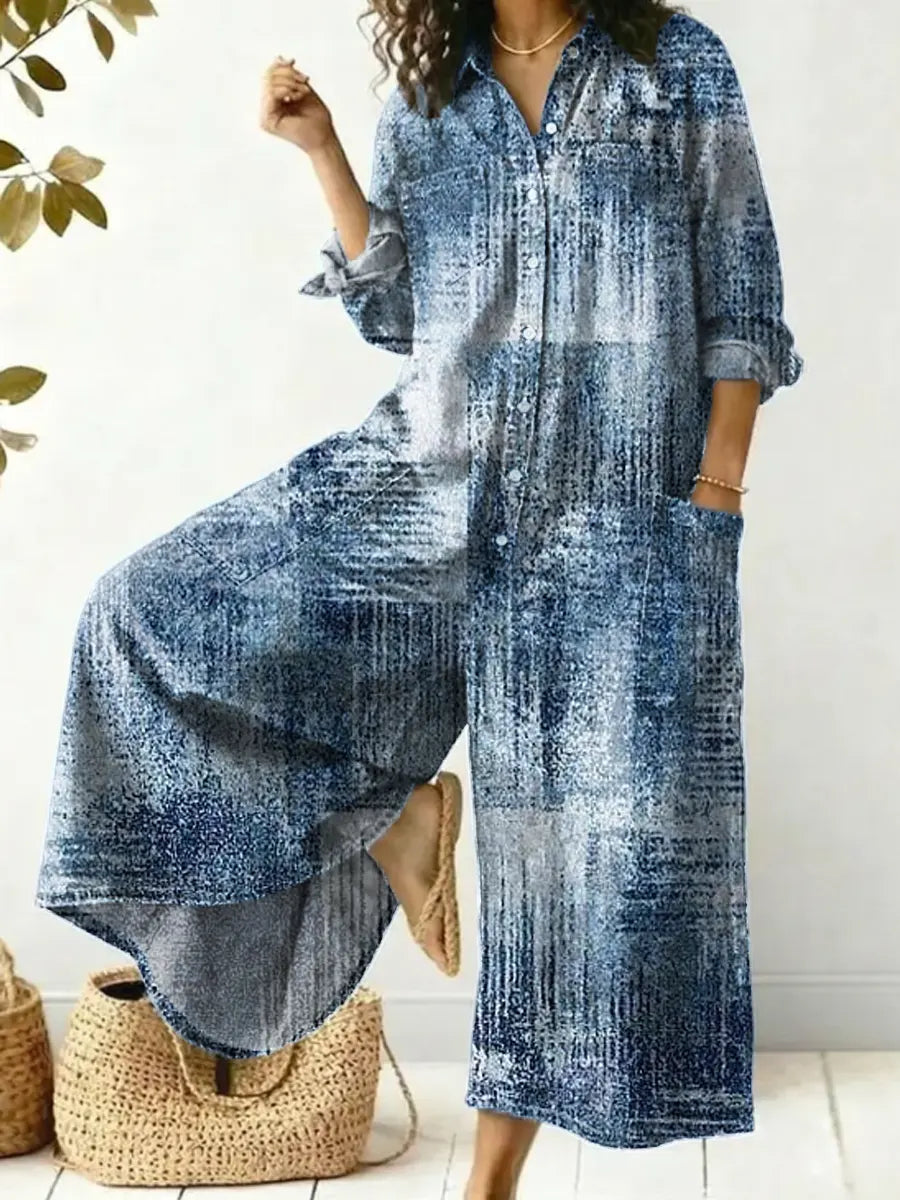 Women's Vintage Pattern Art Print Casual Cotton Denim Jumpsuit