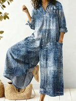 Women's Vintage Pattern Art Print Casual Cotton Denim Jumpsuit