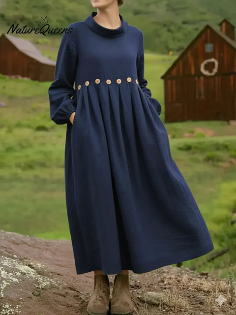 Women's Loose Casual Decorative Button Cotton Linen Dress