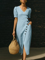Elegant V-neck Button-up Linen Midi Dress