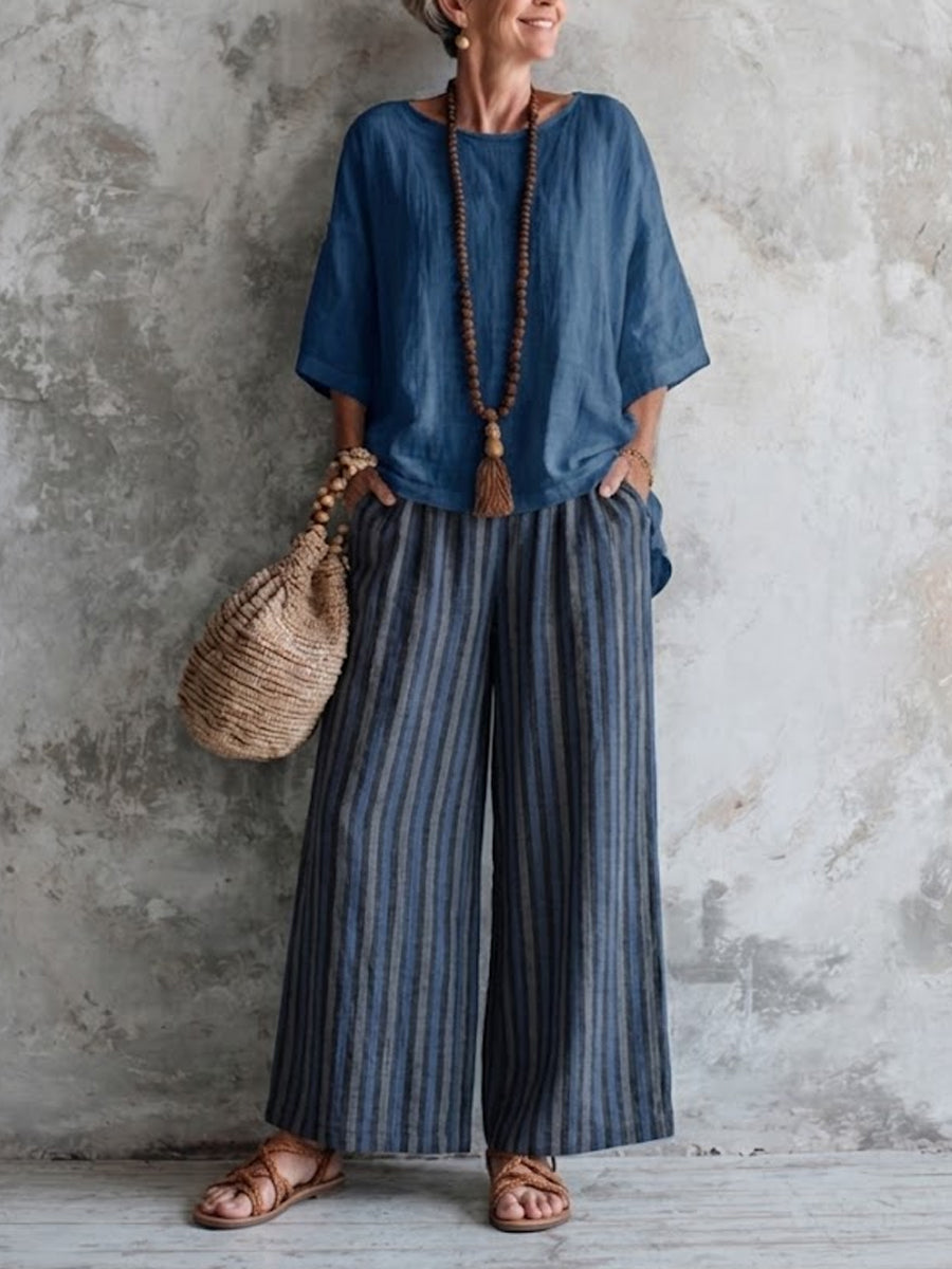 Women's Blue Tone Cotton-linen Casual Striped Set