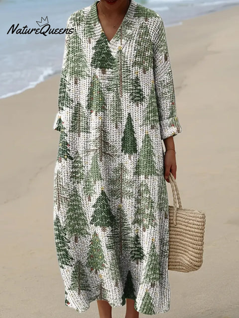 Tree Art Print Knitted V-neck Dress