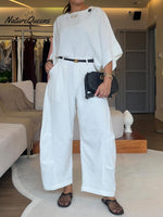 Women's Solid Color Round Neck Three-quarter Sleeve Casual Loose Top And High-waisted Casual Loose Wide-leg Pants Cotton Set.