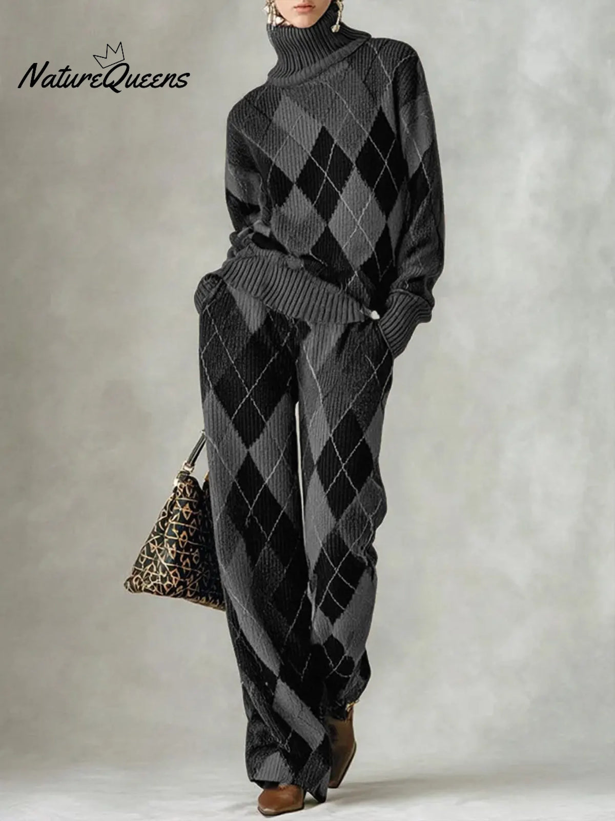 Women's Plaid Print High-neck Long-sleeve Casual Loose Knit Top With Elastic Waist And Wide-leg Pants Set