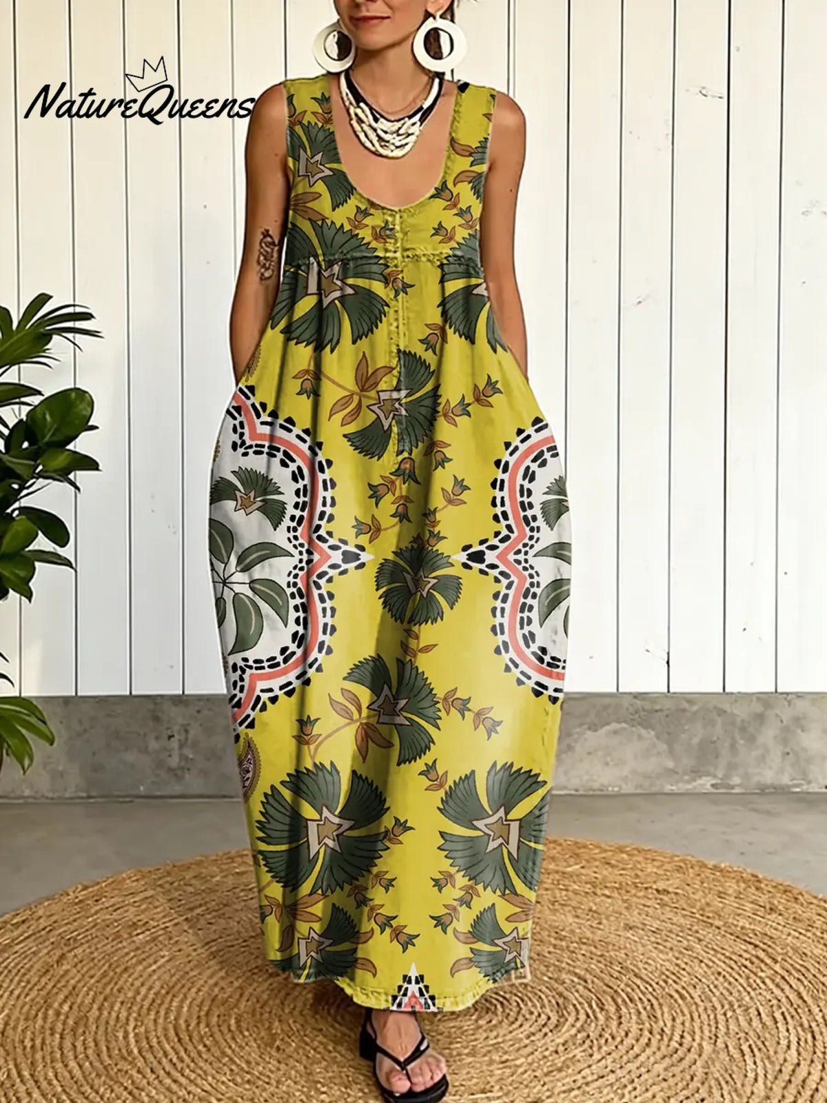 Women's Vintage Flower Pattern Art Print Casual Cotton Denim Dress